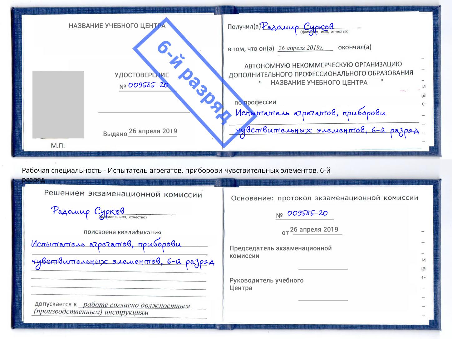 корочка 6-й разряд Испытатель агрегатов, приборови чувствительных элементов Клинцы