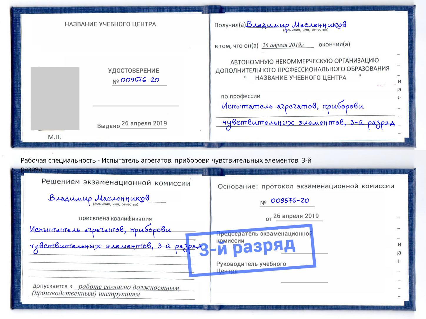 корочка 3-й разряд Испытатель агрегатов, приборови чувствительных элементов Клинцы