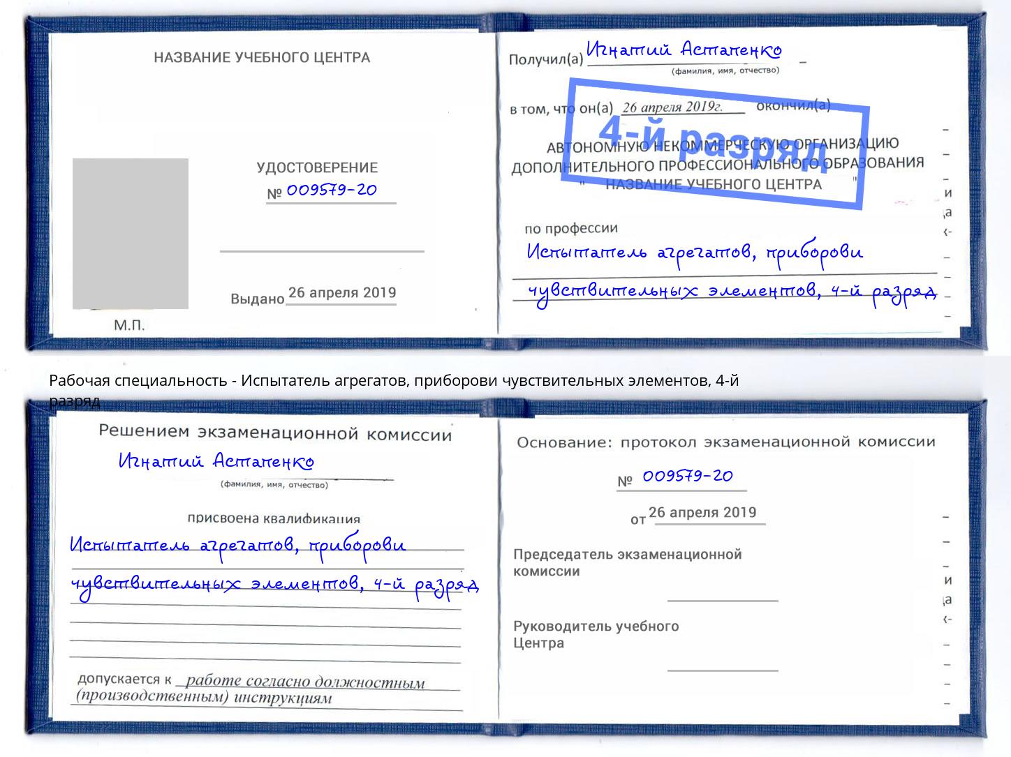 корочка 4-й разряд Испытатель агрегатов, приборови чувствительных элементов Клинцы