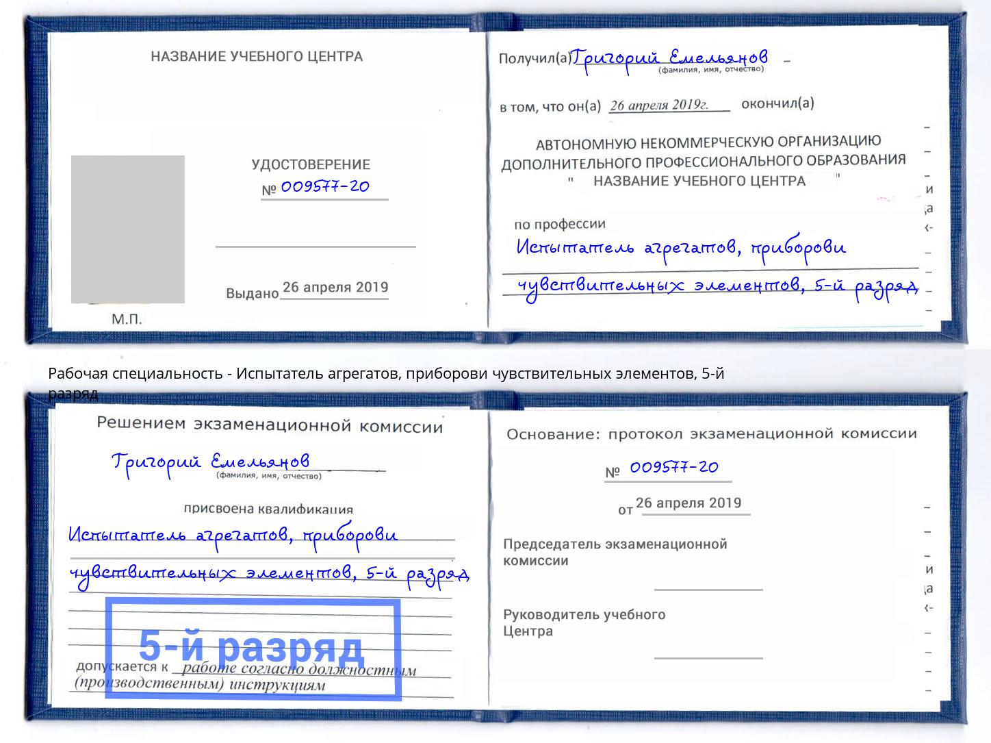 корочка 5-й разряд Испытатель агрегатов, приборови чувствительных элементов Клинцы
