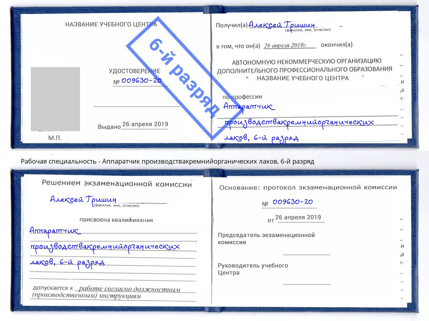 корочка 6-й разряд Аппаратчик производствакремнийорганических лаков Клинцы